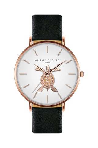 Montre à quartz en cuir Rose Turtle - Noir et doré rose