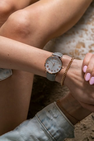 Montre à quartz en cuir Petite Classique - Gris et doré rose