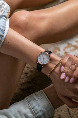 Montre à quartz en cuir Petite Classique - Noir et doré rose