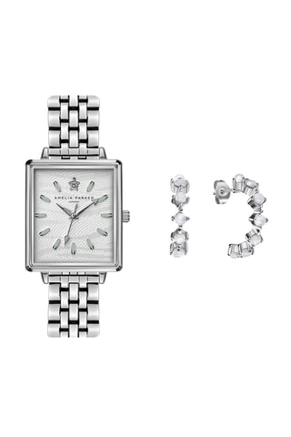 Coffret montre à quartz en acier et boucles d'oreilles en zircons White Desert