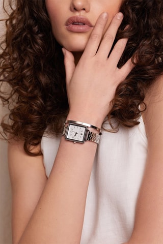 Coffret montre à quartz en acier et boucles d'oreilles en zircons White Desert