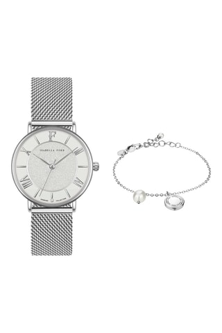 Coffret montre à quartz en acier, diamant et bracelet et perle fine Gabrielle