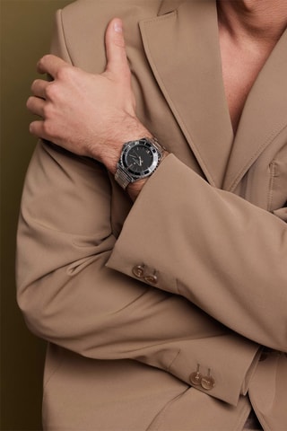 Montre à quartz en acier et bracelet en cuir - Tachymètre - Argenté et noir