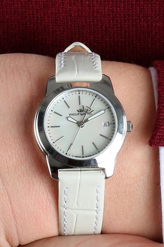 Montre à quartz en cuir et nacre Timeless - Blanc et argenté