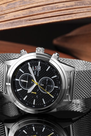 Montre à quartz en acier - Chronographe et tachymètre - Argenté