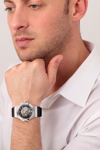 Montre automatique en cuir - Noir et argenté
