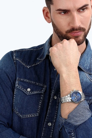 Montre à quartz en acier 670 - Tachymètre - Argenté et bleu marine