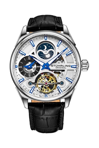 Montre automatique en cuir Legacy - Fonction GMT et indicateurs des phases de la lune - Noir et argenté
