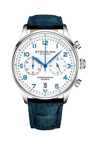 Montre à quartz en cuir - Chronographe - Bleu foncé et argenté