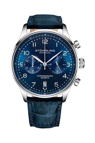 Montre à quartz en cuir - Chronographe - Bleu foncé et argenté