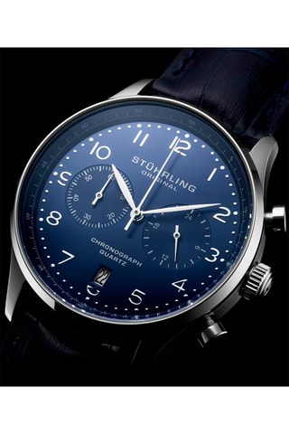 Montre à quartz en cuir - Chronographe - Bleu foncé et argenté