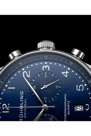 Montre à quartz en cuir - Chronographe - Bleu foncé et argenté