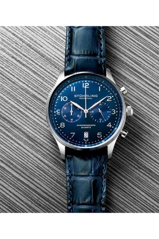 Montre à quartz en cuir - Chronographe - Bleu foncé et argenté