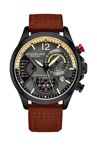 Montre à quartz en cuir et tissu Cordura - Chronographe - Marron et noir