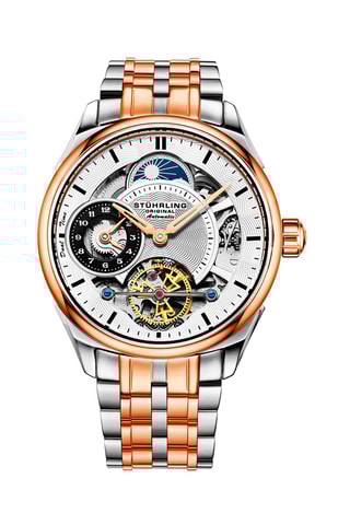 Montre automatique en acier Legacy Stührling - Fonction GMT et indicateurs des phases de la lune - Argenté et doré rose