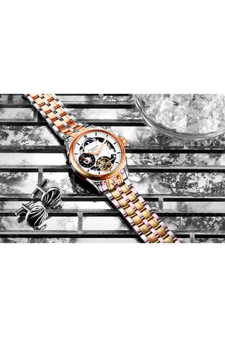 Montre automatique en acier Legacy Stührling - Fonction GMT et indicateurs des phases de la lune - Argenté et doré rose