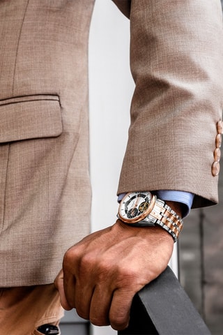 Montre automatique en acier Legacy Stührling - Fonction GMT et indicateurs des phases de la lune - Argenté et doré rose