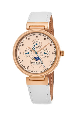 Montre à quartz en cuir et cristaux Swarovski Symphony - Blanc et doré rose - Compteur phases de la lune