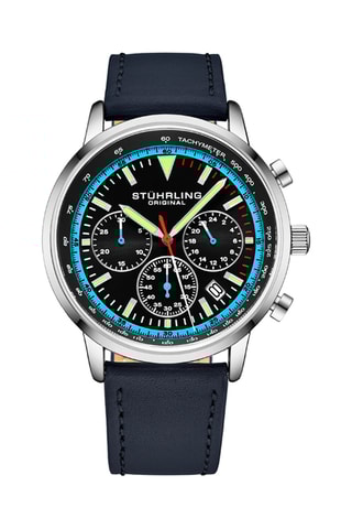 Montre à quartz en cuir Monaco - Tachymètre et chronographe - Bleu foncé et argenté