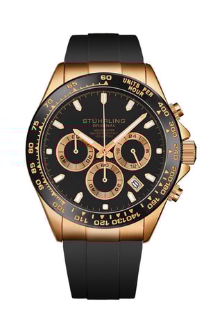 Montre à quartz en caoutchouc - Chronographe et tachymètre - Noir et doré rose