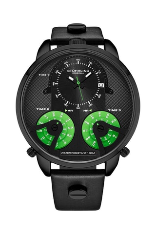 Montre à quartz en cuir - Fonction GMT - Noir et vert