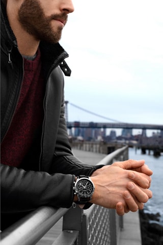 Montre à quartz en cuir Monaco - Chronographe - Noir et argenté