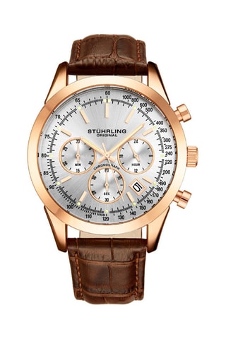 Montre à quartz en cuir Monaco - Tachymètre et chronographe - Marron et doré rose