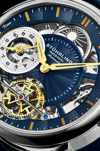 Montre automatique en cuir Legacy - Fonction GMT et indicateurs des phases de la lune - Bleu marine et argenté