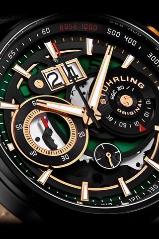Montre à quartz en cuir Aviator - Chronographe et tachymètre - Noir et vert