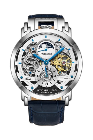 Montre automatique en cuir Menai - Fonction GMT - Bleu et argenté