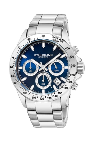 Montre à quartz en acier Monaco - Tachymètre et chronographe - Argenté et bleu marine