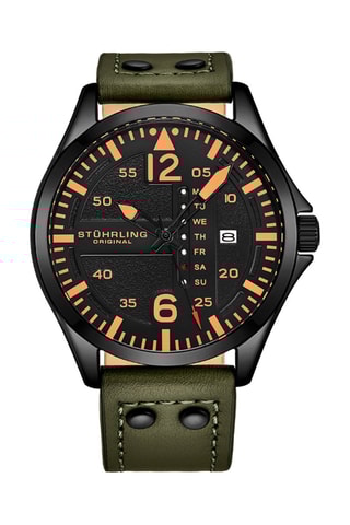Montre à quartz en cuir Aviator Kaki et noir