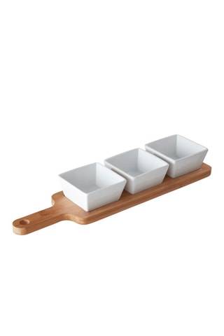 3 tigelas de apresentação em porcelana com tabuleiro em bambu Soirée - 40 x 10 x 7cm