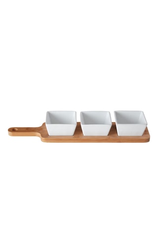 3 tigelas de apresentação em porcelana com tabuleiro em bambu Soirée - 40 x 10 x 7cm