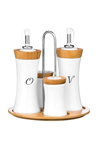 Suporte condimentos cerâmica e bambu - 4 peças - Branco
