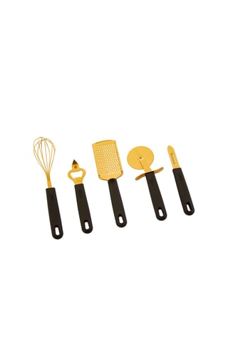 5 utensílios de cozinha em aço inoxidável Preto e dourado