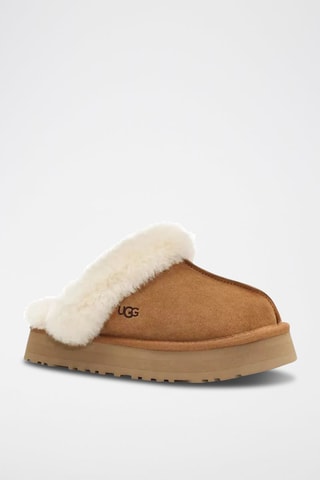 Pantoufles fourrées plateformes en nubuck Disquette - Camel