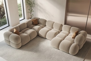 Canapé d’angle gauche panoramique Loretto - Beige clair - 5 places - Toucher velours