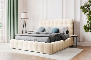 Lit-coffre avec tête de lit Bali - Beige clair - Toucher velours - Couchage 200 x 200 cm