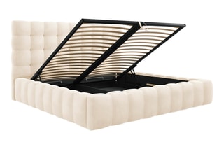 Lit-coffre avec tête de lit Bali - Beige clair - Toucher velours - Couchage 200 x 200 cm