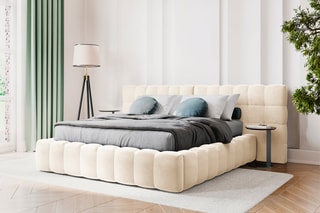 Lit-coffre avec tête de lit Bali - Beige clair - Toucher velours - Couchage 200 x 200 cm