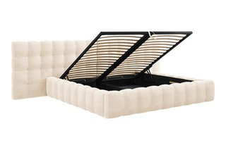 Lit-coffre avec tête de lit Bali - Beige clair - Toucher velours - Couchage 200 x 200 cm