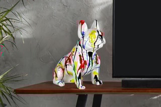 Sculpture en résine Bouledogue français assis - Blanc et rouge
