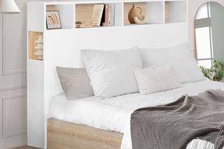 Tête de lit avec rangements Léo - Imitation bois et blanc