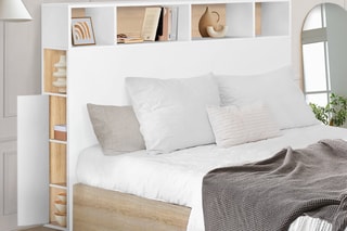 Tête de lit avec rangements Léo - Imitation bois et blanc
