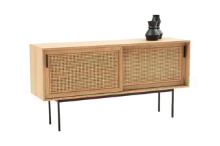Buffet 2 portes en chêne massif et rotin - 160 x 82 x 43 cm