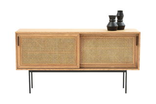 Buffet 2 portes en chêne massif et rotin - 160 x 82 x 43 cm