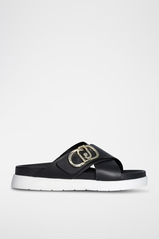 Mules com plataforma em couro - Preto