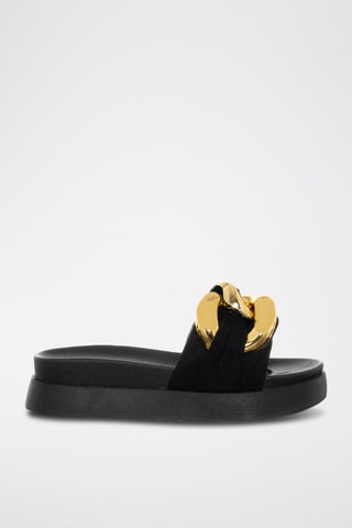 Mules com plataforma em veludo Preto e dourado