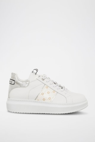 Kalfsleren Sneakers Wit en Zilverkleurig